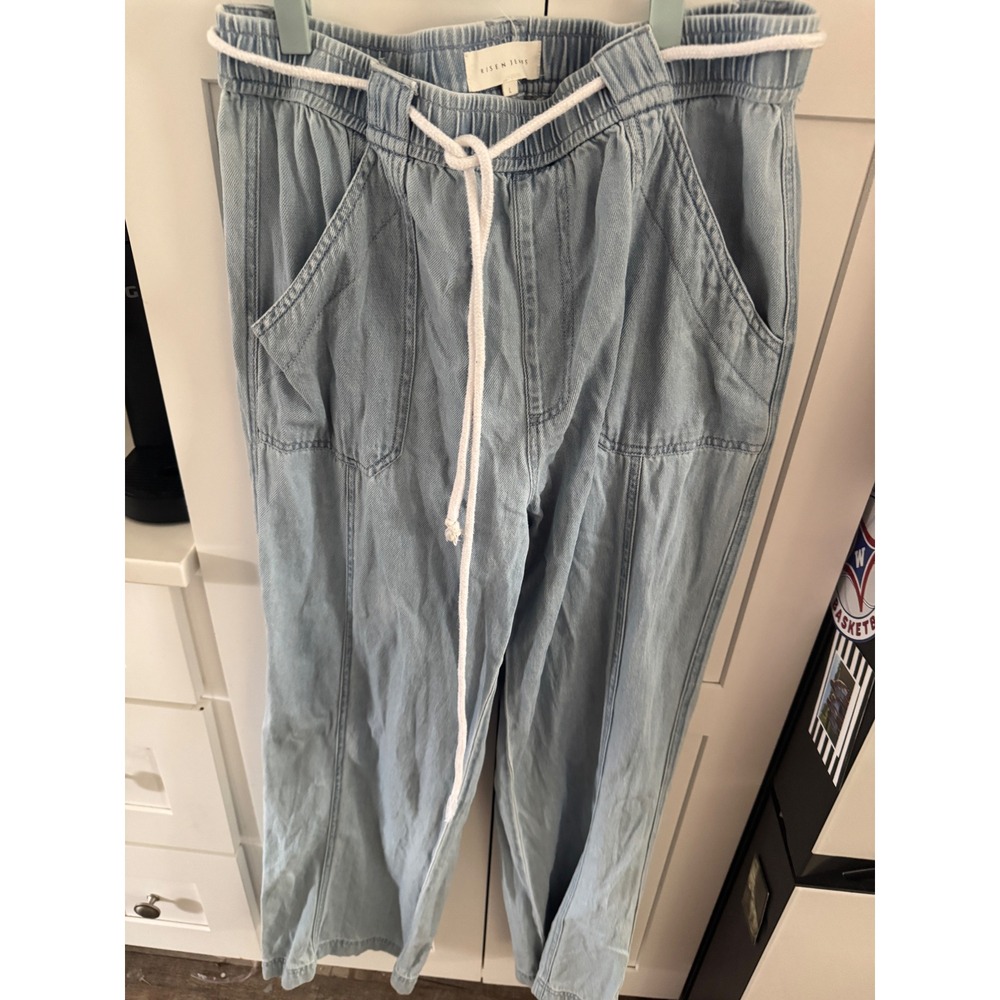 Risen Jeans Womens Light Wash Denim Joggers Elastic Waist Drawstring Pants L